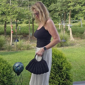Bag with Round Handles, Handmade Purse, Crocheted Handbag for Party, Bag with Wooden Handles, Women&#39;s Accessories, Birthday Gift for Friend