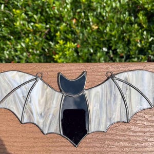 Spooky Halloween Bat Stained Glass Suncatcher; 10 1/2 inches wide