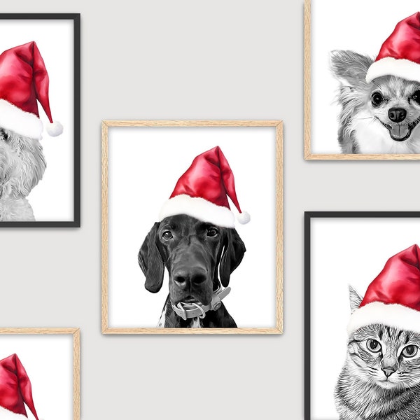 Watercolor Pet Portrait with Santa Hat, Christmas Dog Portrait, Gift for Dog or Cat Lover, Santa Christmas Dog Painting, Digital Download