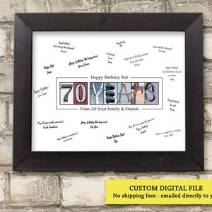 May include: A framed print with a black border, featuring a birthday message for Bob. The message includes the number 70, the word "BOB" spelled out with various images, and handwritten birthday wishes from family and friends.