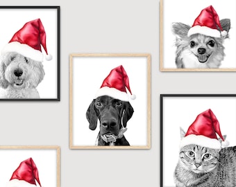 Watercolor Pet Portrait with Santa Hat, Christmas Dog Portrait, Gift for Dog or Cat Lover, Santa Christmas Dog Painting, Digital Download