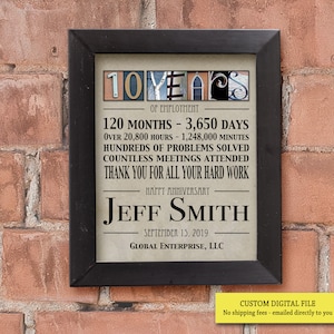 Custom Printable Years of Service Gift for Boss or Coworker, 10 Year 15 Year 20 Year 25 Year 30 Year 35 Year 40 Year, Work Anniversary Gift