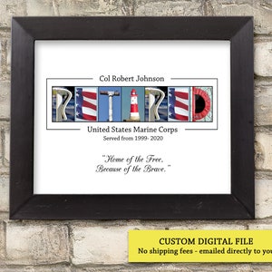 May include: A framed print featuring the word "RETIRED" in a collage of images. The text reads "Col Robert Johnson," "United States Marine Corps," and a quote: "Home of the Free, Because of the Brave." The frame is black.