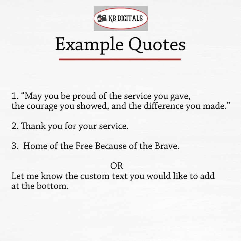 May include: A white background with the text "Example Quotes" in a bold, red font. The image includes three quotes and an option for custom text. The KB DIGITALS logo is in the top left corner.