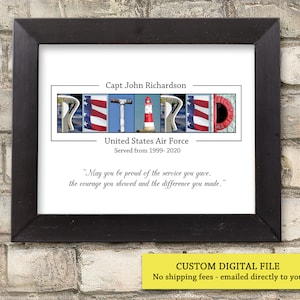 May include: A framed print featuring the word "RETIRED" in individual letters, each with a different image. The print includes the name "Capt John Richardson" and "United States Air Force" with the years served. A quote is also included.