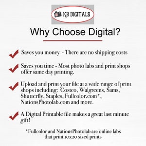 May include: A digital print advertisement with the text "Why Choose Digital?" and a logo for KB DIGITALS. The text highlights benefits like saving money and time, and mentions print shop options including Costco and Walgreens. A digital printable file makes a great gift.