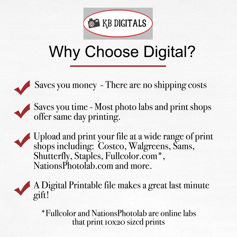 May include: A digital print advertisement with the text "Why Choose Digital?" and a logo for KB DIGITALS. The text highlights benefits like saving money and time, and mentions print shop options including Costco and Walgreens. A digital printable file makes a great gift.