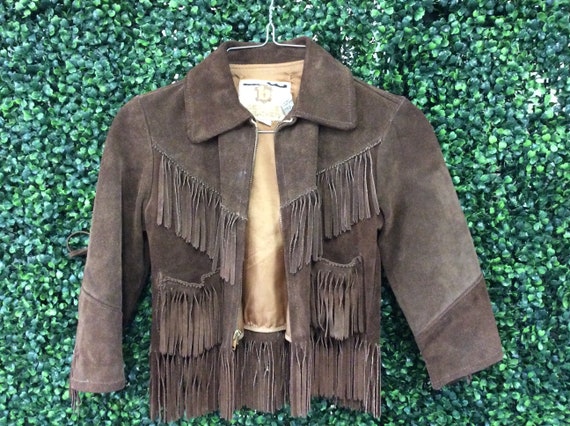 Vintage Kids Brown Suede Fringe Western Jacket, Size 8
