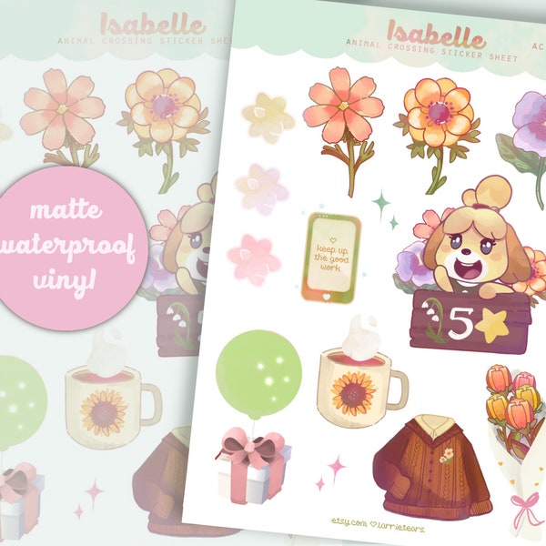 Animal Crossing New Horizon - Isabelle Sticker Sheet - spring, 5 Star Island Stickers, Cute kawaii Switch Game Planner Journal Stickers