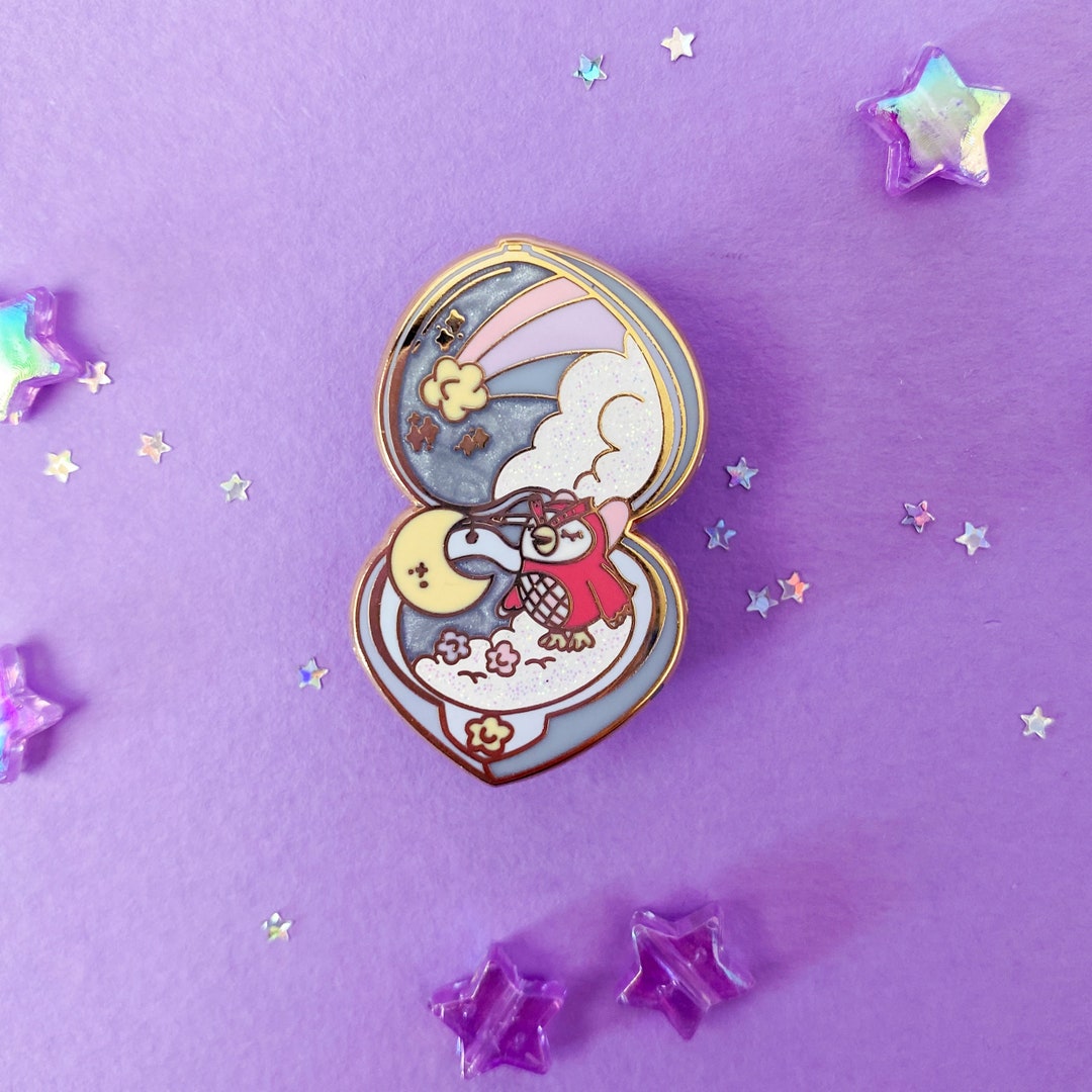 Animal Crossing Celeste Heart Locket, Hard Enamel Pin, Gold and Glitter