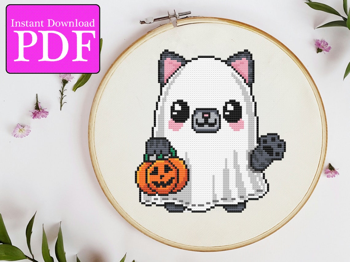 Halloween Ghost Cat Cross Stitch Pattern | PDF Cute Kawaii Kitty ...