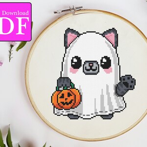 Halloween Ghost Cat Cross Stitch Pattern | PDF Cute Kawaii Kitty ...