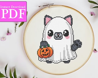 Halloween Geist Katze Kreuzstichmuster | PDF süßer kawaii Kitty Halloween Kürbis 15 cm Aida