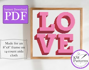 Love in 3D Letters Cross Stitch Pattern | Home decor pattern | valentines day