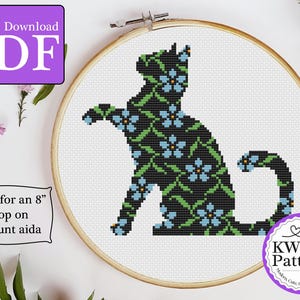Floral Cat Silhouette Cross Stitch Pattern | 8 inch on 14 count aida | gift for a cat lover