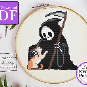 May include: Cross stitch pattern featuring a cartoon Grim Reaper holding a cat. The pattern is designed for an 8-inch hoop and 14-count Aida cloth. The pattern is in black, white, orange, and grey.