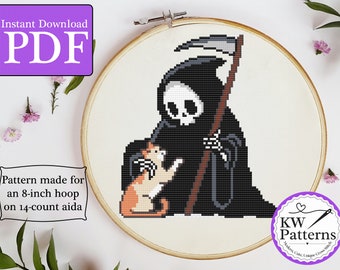 Grim Reaper Petting a Cat Cross Stitch Pattern | Cute Cat Lover Gift | Witchy | Spooky | Halloween Pattern