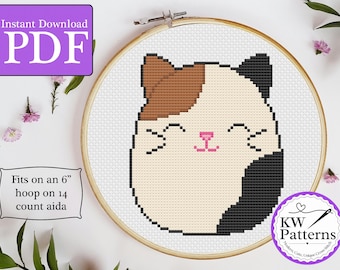 Calico Cat Squish Plushie Cross Stitch Pattern | baby room decor | 6-inch hoop 14-count aida