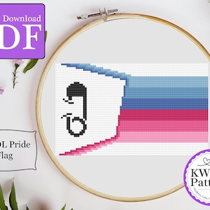 Puede incluir: Un patrón de punto de cruz de la bandera del Orgullo Asexual y/o Demisexual, con un imperdible en la esquina superior izquierda. La bandera es un degradado de azul, rosa y blanco. El patrón está enmarcado en un aro de bordado de madera. El texto "Bandera del Orgullo AB/DL" está debajo del aro. El texto "Descarga instantánea PDF" está en un cuadro morado en la esquina superior izquierda. El texto "KW Patterns" está en un logotipo en forma de corazón en la esquina inferior derecha.