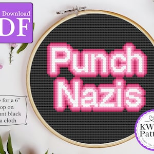 Punch Nazis Neon Pink Letters Cross Stitch Pattern | political cross stitch | neon style | 6 inch 14 count | American politics | activism