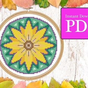 Sunflower Mandala Cross Stitch Pattern | floral mandala pattern for a 5 inch hoop | 14-count Aida