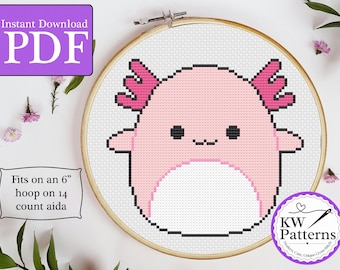 Pink Axolotl Plushie Cross Stitch Pattern | Archie | Squishmallow lover | baby room decor | 6-inch hoop 14-count aida
