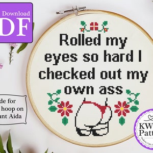 Rolled My Eyes So Hard I Checked Out My Own Ass Funny Text Cross Stitch Pattern | 8 inch 14 count aida