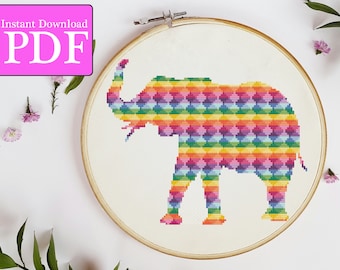 Geometric Rainbow Elephant Cross Stitch Pattern