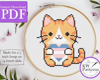 Tabby Cat with Trans Pride Heart Cross Stitch Pattern | 5 inch hoop, 14-count aida