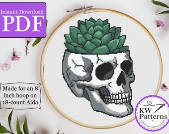 Spooky Skull Succulent Pot Cross Stitch Pattern | Halloween lover | Plant lover | 8 inch hoop 18 count Aida