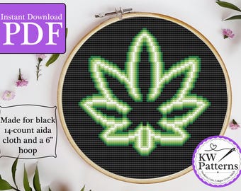 Neon Weed Leaf Cross Stitch Pattern, made for a 6" hoop | Digital download PDF