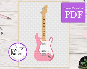 Pink Electric Guitar Cross Stitch Pattern (PDF download)