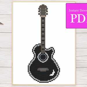 Black Acoustic Guitar Cross Stitch Pattern