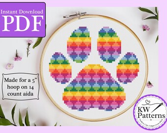 Geometric Rainbow Paw Print Cross Stitch Pattern: 5" hoop (Digital Download)
