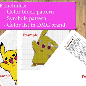 Puede incluir: Un patr&oacute;n de punto de cruz digital de un personaje Pikachu amarillo. El patr&oacute;n incluye un patr&oacute;n de bloques de color, un patr&oacute;n de s&iacute;mbolos y una lista de colores de la marca DMC. La imagen muestra dos ejemplos del patr&oacute;n, uno con los bloques de color y otro con los s&iacute;mbolos.