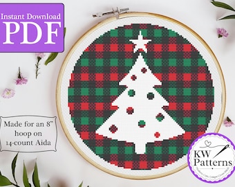 Plaid Christmas Tree Classic Cross Stitch Pattern | Christmas cross stitch | red and green plaid | swirly tree motif | 8 inch hoop
