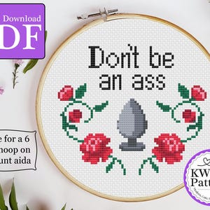 Don&#39;t Be an Ass Cheeky Cross Stitch Pattern | Adult Cross Stitch | 6&quot; hoop | 14 count aida