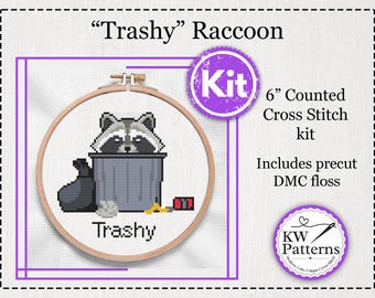 Trashy Raccoon Counted Cross Stitch Kit | 6-inch hoop | funny trash panda
