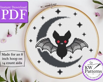 Halloween Bat with Crescent Moon Cross Stitch Pattern | Counted cross stitch pattern for beginners | cute bat animal pattern | grayscale