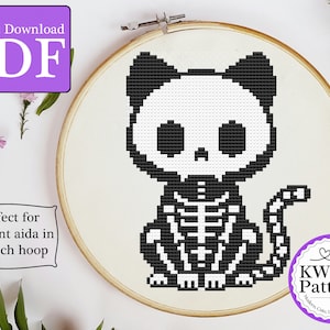 Cute Skeleton Cat Cross Stitch Pattern | Halloween Pattern | Witchy | 6 inch 14 count aida | Beginner Friendly Pattern