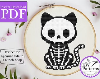 Patrón lindo de punto de cruz de gato esqueleto / Patrón de Halloween / Brujería / 6 pulgadas 14 conteo aida / Patrón amigable para principiantes