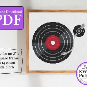 Puede incluir: Patrón de punto de cruz de un tocadiscos en un marco de madera. El disco de vinilo es negro con el centro rojo. La imagen está diseñada para un marco cuadrado de 20 cm x 20 cm. El texto incluye "Descarga instantánea PDF".