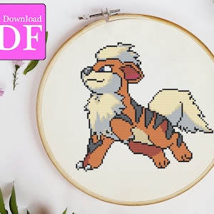 May include: Cross stitch pattern of a brown, orange, and white Pokemon character with a spiky mane. The character is standing on all fours with its tail curled up behind it. The pattern is displayed on a white background.