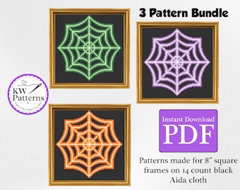 Neon Spider Webs Cross Stitch Pattern Bundle | Halloween home decor | Downloadable PDF