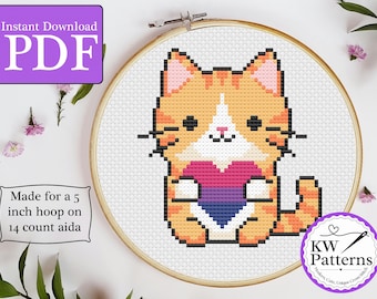 Tabby Cat with Bi Pride Heart Cross Stitch Pattern | 5 inch hoop, 14-count aida