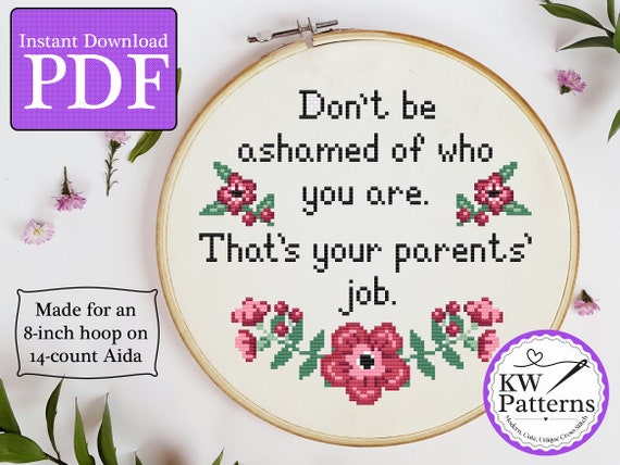 Don't Be Ashamed of Who You Are... That's Your Parents' Job Funny Cross Stitch Pattern | 8-inch hoop on 14-count aida cloth
