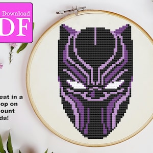 Purple Accent Black Panther Mask Cross Stitch Pattern