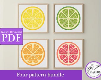 Citrus Slices Cross Stitch Pattern Bundle | four patterns: lemon, lime, orange, grapefruit