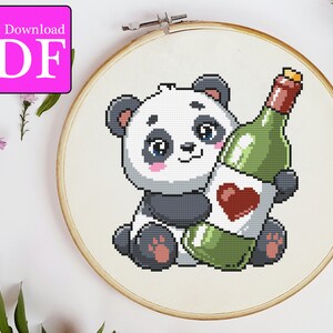 Lindo oso panda con patrón de punto de cruz de botella de vino / regalo para amantes del vino / divertido punto de cruz de vino
