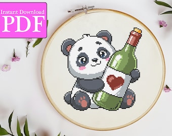 Cute Panda Bear with Wine Bottle Cross Stitch Pattern | wine lover gift | funny wine cross stitch